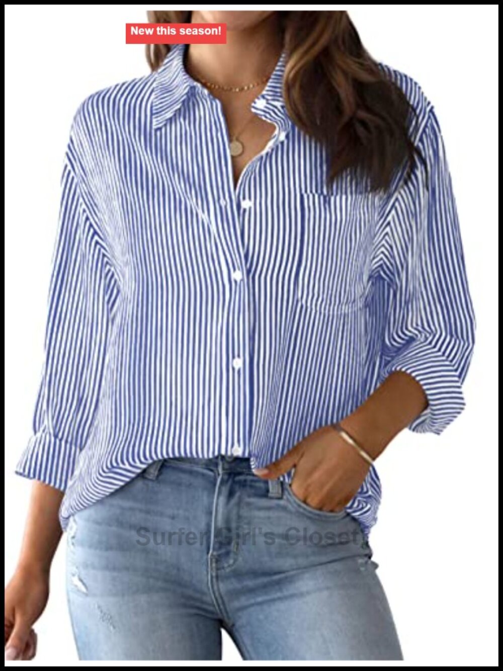 Womens Striped Button Down Shirt Long Sleeve Collared Office Work Blouse